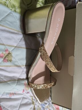 J. Adams Gold Glitter Double-Strap Block Heel Sandals